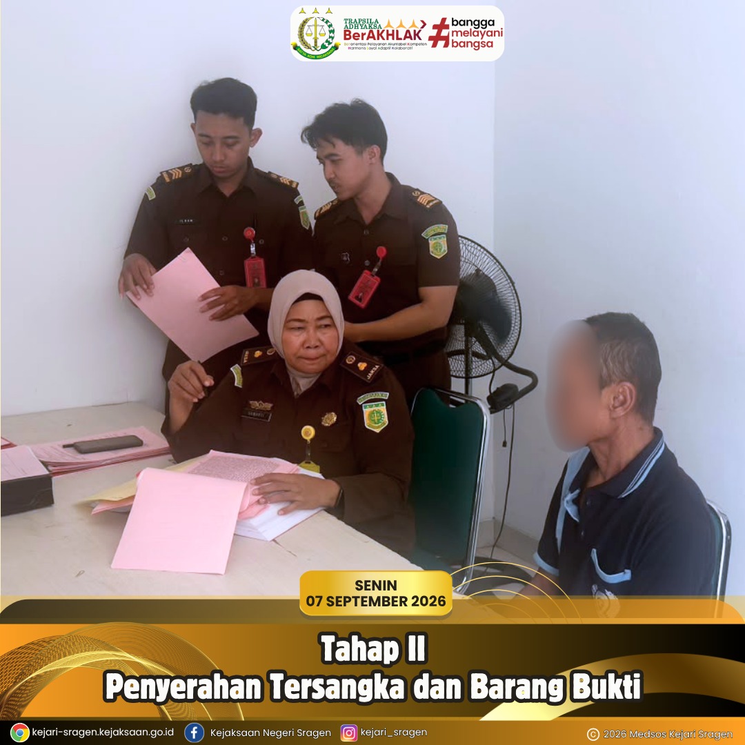 Penyerahan Tersangka beserta Barang Bukti kepada Jaksa Penuntut Umum (JPU), Suwarti, S.H., dari Penyidik Polres Sragen dengan tersangka (S) terkait kasus Pembunuhan Berencana dan Pencurian.